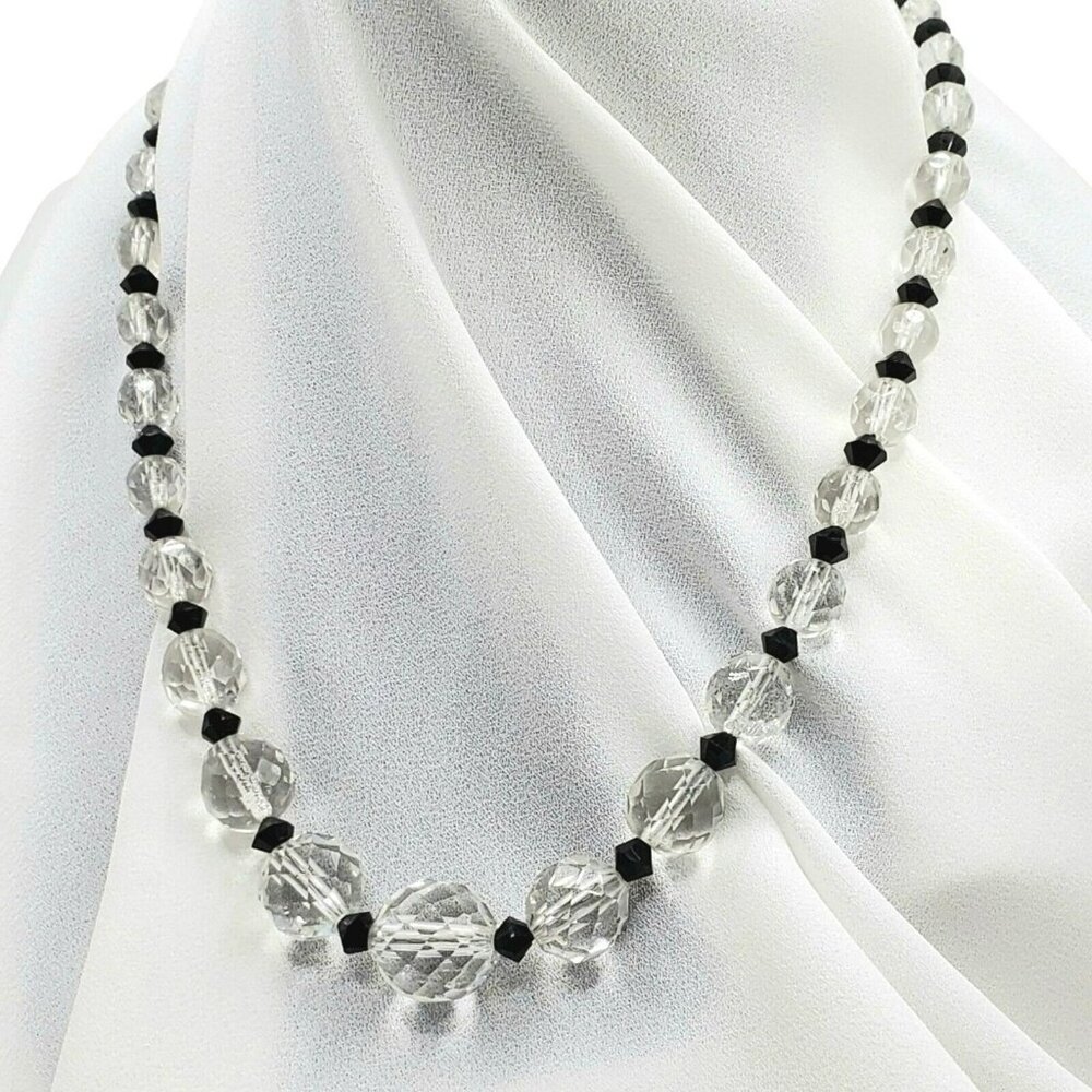 Vintage 17" Choker Necklace Clear Black Beads Faceted Sterling Graduated Spacers
